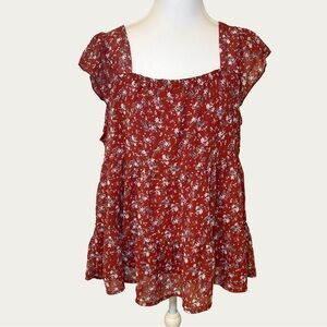 Women’s Flowy Floral Red Blouse Cap Sleeve Lined Size Large